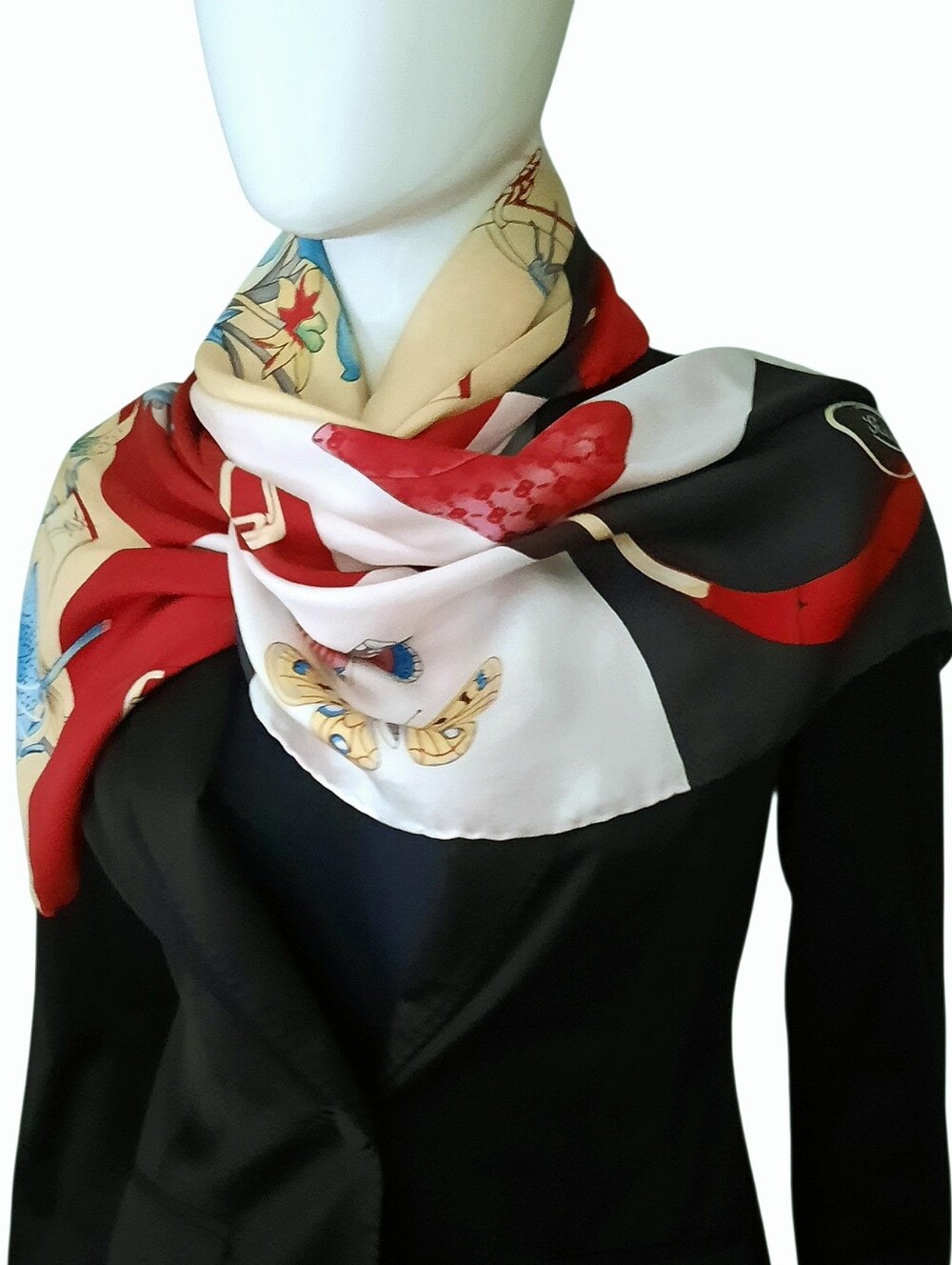 Vintage GUCCI Multi Icons Logo Print Silk Square Scarf 35" Red/Black/Multi - Picture 4 of 14